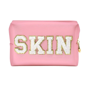 Waterproof PU Leather Makeup Bag With Chenille Letter Patch Gold Zipper Toiletry Bag For Travel Women Cosmetic Storage Pouch