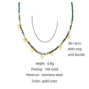 Colorful natural stone beaded necklace with 14K gold plated stainless steel disc pendant
