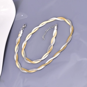 Two-tone silver and gold twisted blade snake chain necklace with adjustable clasp