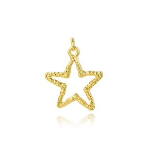 Golden star-shaped metal pendant with irregular texture and small ring on white background