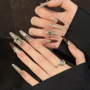 Brown blush French press-on nails with large square rhinestones, pearls and butterflies