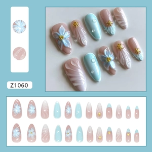 3D floral sea star press on nails with blue ocean theme and bubble texture