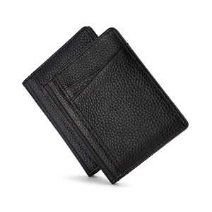 Slim genuine leather card holder for men with black lychee texture and dual card slots