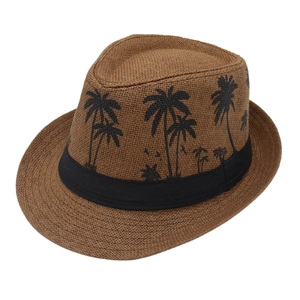 Straw Panama hat with black palm tree pattern and ribbon for beach vacation style