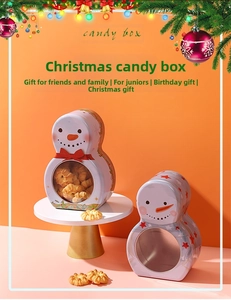 Detail of snowman Christmas tin boxes with transparent windows and festive decorations