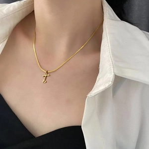 Collier en titane doré avec chaîne serpent plate et pendentif initiale 'T' cœur