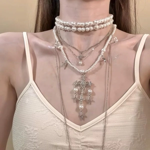 Vintage multilayer pearl and crystal cross necklace with elegant French style layering