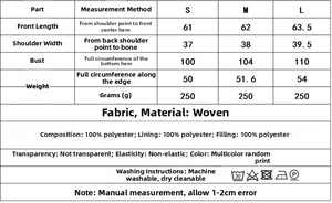 Detailed size chart for double-sided printed vest with dimensions in S, M and L