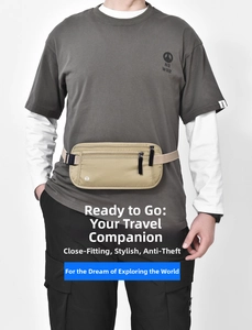 Close-up of adjustable khaki RFID waist bag showing nylon texture and zip pockets