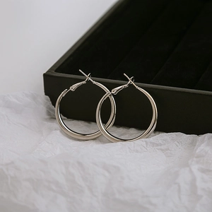 Close-up of classic silver hoop earrings with pin buckle closure on jewelry box