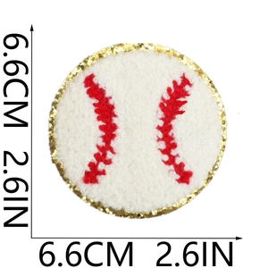 Detailed view of baseball chenille patch with gold glitter edge and 6.6cm size markers