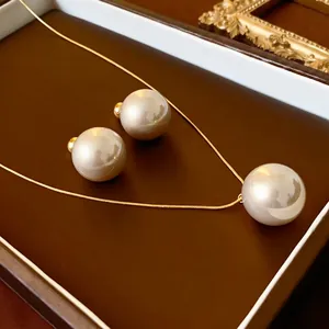 Elegant Artificial Pearl Necklace And Earring Jewelry Gold Plated Brass Mother Of Artificial Pearl Pendant For Women French Style Accessorize