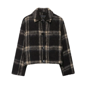 Veste en Laine à Carreaux pour Femmes Revers Simple Boutonnage Ample Décontracté Manches Longues Top