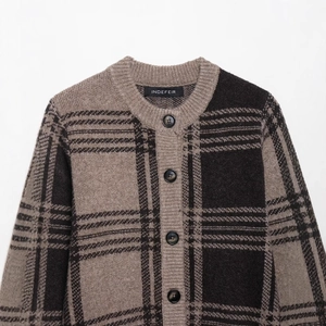 Women's classic plaid knit cardigan with dark brown tones and premium round buttons