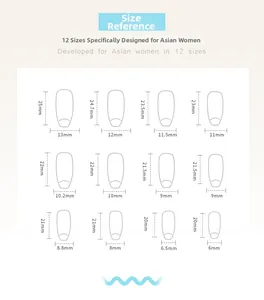 Detailed size chart for press-on nails showing 12 different dimensions in millimeters