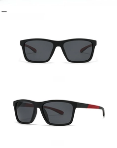 Front and side view of classic black and red square polarized sunglasses for men