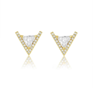 Detailed macro view of gold-tone triangular V-shaped earrings with micro-pave crystals
