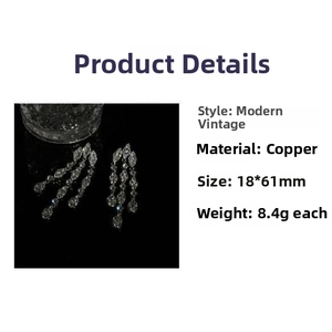 Detailed size specifications for zircon tassel earrings measuring 18x61mm and 8.4g weight