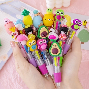 Mini Multi-Color Ballpoint Pen Cartoon Animal Fruit Silicone Topper Push Type Plastic Writing Stationery School Supplies
