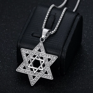 Hip hop star of David pendant necklace in silver-tone metal with sparkling rhinestones
