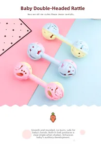 Detail of smooth macaron-colored baby rattle with dual balls and easy-grip handle