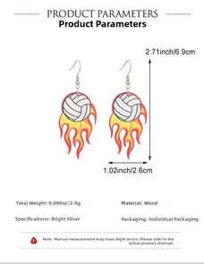 Détail des boucles d'oreilles en bois volley flamme avec dimensions 2,6x6,9cm et poids 2,8g