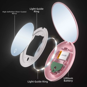 Exploded view of pink LED makeup mirror showing HD silver glass and lithium battery