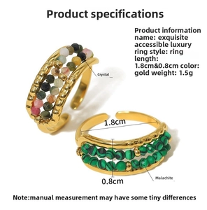 Close-up of gold-plated rings featuring natural malachite and colorful crystal beads