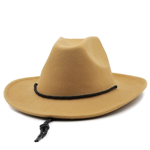 Detail of wool felt fedora hat featuring black braided trim and adjustable chin strap