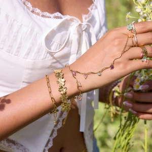18k gold plated stainless steel multi-layered hand chain with colorful natural stone charms