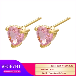 Detailed view of pink heart zircon stud earrings in 18K gold plated brass, 7x7mm size