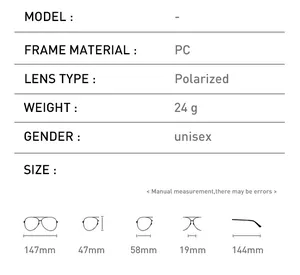 Detailed size chart of polarized sports sunglasses with specific frame measurements