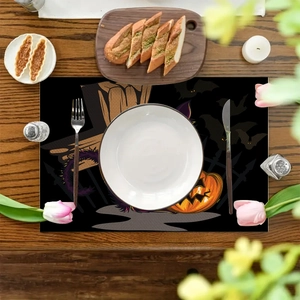 Halloween pumpkin and black cat patterned linen placemat for dining room table decor