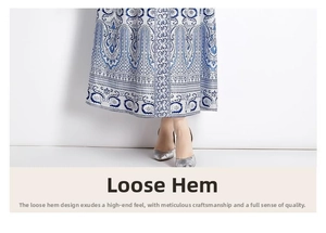 Close-up of women's wide-leg trousers featuring blue and white paisley patterns