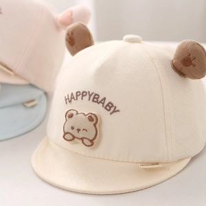 Beige Baby Baumwollmütze mit Bärenohren und HAPPYBABY Stickerei für Kleinkinder