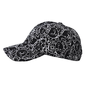 Black cotton baseball cap with white abstract artistic face graffiti print