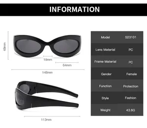 Detailed size specifications for Y2K oval sunglasses with 148mm frame width dimensions