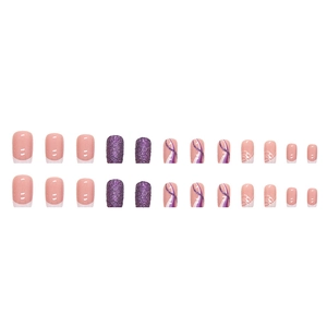Unghie finte francesi viola glitterate set da 24 pezzi con forma squadrata-ovale
