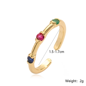 Minimalist gold-plated open ring with red blue and green zircon stones, 2g weight