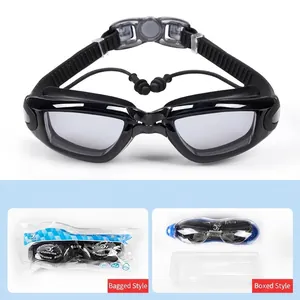 Professional black anti-fog swim goggles with earplugs in bag and box packaging