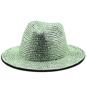 Green wool felt fedora hat with sparkling rhinestones for stage performance and fashion