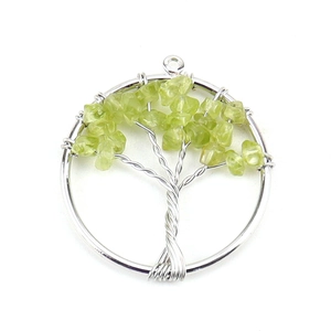 Detailed view of Tree of Life pendant with silver wire and green crystal stones
