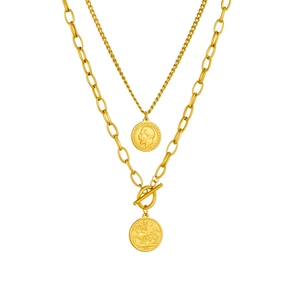 Double-layered gold stainless steel necklace with coin pendants and toggle OT clasp