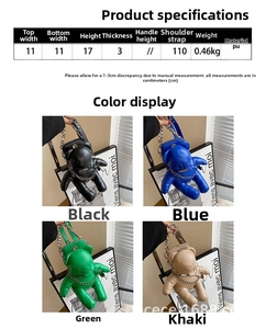Detail view of mini PU bear crossbody bags in black, blue, green, and khaki colors