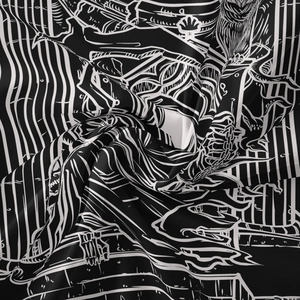 Macro shot of gothic black and white tapestry fabric with skull and feather patterns