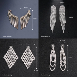 Detailed view of rhinestone tassel earrings showing dimensions and weights per pair