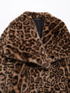 Detail of faux leopard fur texture and classic lapel collar on a women's coat