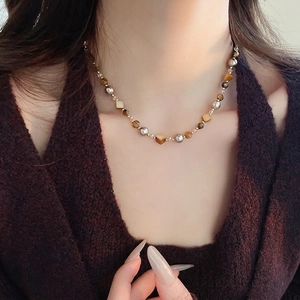 Künstliche Perlenkette Mit Künstlichem Tigerauge Und Künstlicher Künstliche Perle Vintage Braun Gold Schlüsselbeinkette Für Damen