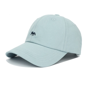 Détail de la casquette de baseball en coton bleu clair avec broderie de renard fine