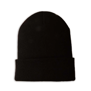Detail view of a black knitted beanie with a classic folded cuff on a white background
